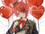  1boy aiguillette animal_ears balloon bow bowtie brooch cat_ears collared_shirt epaulettes food fork fruit gold_trim heart_balloon heterochromia highres holding holding_fork jewelry looking_at_viewer male_focus mylar_balloon nokoru_sora red_bow red_bowtie redhead rinu_(stpri) shirt simple_background solo strawberry strawberry_prince white_background white_shirt wing_collar 