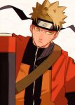  1boy black_headband blonde_hair closed_mouth facial_mark furrowed_brow headband highres jacket male_focus mirin_(coene65) naruto naruto_(series) orange_jacket rectangular_pupils short_hair simple_background solo spiky_hair upper_body uzumaki_naruto whisker_markings white_background 