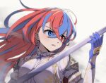  1girl alear_(female)_(fire_emblem) alear_(fire_emblem) blue_eyes blue_gloves blue_hair crossed_bangs fire_emblem fire_emblem_engage gloves hair_between_eyes heterochromia holding holding_sword holding_weapon long_hair looking_to_the_side miraioranji multicolored_hair red_eyes redhead solo split-color_hair sword two-tone_hair weapon white_background 