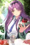  1girl aramis_high_school_uniform black_bow black_bowtie blue_necktie bow bowtie cake cup curtained_hair dot_nose eiyuu_densetsu food highres holding holding_plate kuro_no_kiseki long_hair necktie one_eye_closed outdoors plate purple_hair renne_(eiyuu_densetsu) school_uniform sidelocks smile solo sunlight teacup tree yellow_eyes zer00han 