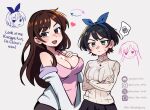  2girls black_skirt blue_eyes blue_ribbon blush breasts brown_eyes brown_hair closed_mouth collarbone crossed_arms eyebrows_hidden_by_hair frown hair_ribbon hand_on_own_chest kanojo_okarishimasu large_breasts long_hair mizuhara_chizuru multiple_girls open_mouth pen-pen_arts pink_shirt pink_tank_top ribbon sarashina_ruka shirt short_hair skirt smile sweater tank_top very_long_hair 