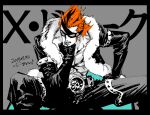 1boy black_pants chest_tattoo coat commentary dated eyelashes fur_coat grey_background hand_on_own_chin kotteri looking_at_viewer muscular muscular_male one_piece orange_hair pants simple_background sitting solo spiky_hair tattoo x_drake 