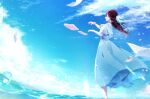 1girl blue_sky clouds commentary_request dress dress_ribbon duplicate floating_hair flying_paper hair_ornament highres instrument long_hair love_live! love_live!_sunshine!! music paper pink_bracelet playing_instrument redhead ribbon sakurauchi_riko scenery sheet_music sky toto_(sa-dosama) wading white_dress white_ribbon