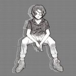  absurdres arms_between_legs closed_mouth collared_shirt eyepatch greyscale highres kana_(world_of_horror) looking_at_viewer monochrome pants ringo41 shirt shoes short_hair simple_background sitting smile solo world_of_horror 