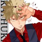  1boy bakugou_katsuki black_necktie black_vest blonde_hair boku_no_hero_academia character_name claw_pose clenched_teeth fingernails grimace long_sleeves looking_at_viewer male_focus mirin_(coene65) necktie red_eyes red_shirt shirt short_hair solo spiky_hair teeth upper_body vest 