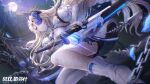  1girl blonde_hair blue_flower blue_rose chain closed_mouth conch detached_sleeves dress dutch_angle flower flower_over_eye from_below full_moon hair_flower hair_ornament holding holding_sheath holding_sword holding_weapon katana lock long_hair lucia:_crimson_abyss_(apocalyptic_cyan)_(punishing:_gray_raven) moon ozzingo padlock punishing:_gray_raven rose see-through see-through_legwear see-through_sleeves sheath sheathed shell_hair_ornament solo sword thigh-highs very_long_hair weapon white_dress white_footwear yellow_eyes 