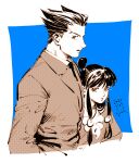  1boy 1girl ace_attorney black_hair blue_background blunt_bangs character_profile dated eyelashes hair_bun jacket jewelry kotteri long_hair long_sleeves looking_at_viewer low_tied_sidelocks magatama magatama_necklace maya_fey necklace necktie phoenix_wright profile short_hair simple_background upper_body white_background 