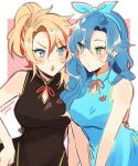  2girls axel_syrios blonde_hair blue_eyes blue_hair blush china_dress chinese_clothes coll_(erichankun) dress eyelashes genderswap genderswap_(mtf) green_eyes hair_between_eyes hairband hand_on_own_hip holostars holostars_english looking_at_another multicolored_hair multiple_girls open_mouth ponytail redhead regis_altare simple_background sketch twitter_username two-tone_hair upper_body virtual_youtuber wavy_hair 