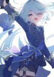  1girl ascot black_ascot black_shorts blue_brooch blue_gemstone blue_hair blue_jacket cowlick drop-shaped_pupils eyes_visible_through_hair furina_(genshin_impact) gem genshin_impact hat heterochromia highres hydro_symbol_(genshin_impact) jacket light_blue_hair mochizuki_mochi short_hair shorts thigh_strap top_hat white_background 