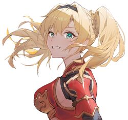  1girl absurdres black_hairband blonde_hair blue_eyes braid breasts facing_to_the_side floating_hair from_side granblue_fantasy hair_between_eyes hairband highres large_breasts long_hair looking_at_viewer parted_lips red_armor smile solo twintails upper_body white_background wizast zeta_(granblue_fantasy) 