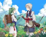  1boy 1girl blue_sky bow_(weapon) commission commissioner_upload fire_emblem flower forest happy highres igni_tion kiragi_(fire_emblem) midori_(fire_emblem) mountain nature sky smile weapon wind 