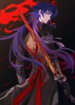  1boy black_gloves black_sleeves blade_(honkai:_star_rail) blue_hair chinese_clothes earrings gloves greed_zx highres holding holding_sword holding_weapon honkai:_star_rail honkai_(series) jewelry long_hair long_sleeves male_focus red_eyes reverse_grip simple_background solo sword weapon 