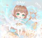  1girl angel_wings blue_headwear brown_hair cardcaptor_sakura colored_eyelashes commentary crown dress english_commentary feathers floating_card gloves green_eyes high_heels highres holding holding_staff ice kero kikkidream kinomoto_sakura light_blush looking_at_viewer magic_circle magical_girl open_mouth outstretched_arms petals short_dress short_hair short_sleeves smile solo_focus staff teeth upper_teeth_only white_dress white_footwear white_gloves white_wings wings 