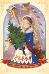  1girl absurdres ayuria barioth blonde_hair blue_eyes christmas_ornaments christmas_present dress fur-trimmed_collar fur_trim gift gloves highres long_hair merry_christmas monster_hunter_(series) monster_hunter_stories_2 notebook official_art ornament ponytail smile snow tusks winter_clothes yian_kut-ku 