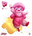  1other :d absurdres arm_up arms_up blue_eyes blush_stickers character_name copyright_name creature_and_personification endifi full_body highres kirby kirby_(series) long_sleeves pink_hair pink_headwear puffy_pants red_footwear short_hair smile solo sparkle white_background 
