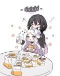  2girls ahoge black_choker black_hair black_sweater blue_archive burger choker cup demon_horns disposable_cup drinking_straw e_v_e_neko female_sensei_(blue_archive) food french_fries grey_hair hair_ornament hairclip halo highres hina_(blue_archive) holding holding_cup holding_food horns ketchup long_hair long_sleeves mayonnaise multiple_girls multiple_horns musical_note open_mouth peroro_(blue_archive) pink_sweater sensei_(blue_archive) sweater very_long_hair violet_eyes yuri 