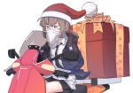  bow brown_jacket christmas fake_beard fake_facial_hair gift girls_frontline handlebar hat headlights hexaa jacket m200_(girls&#039;_frontline) mirror moped motor_vehicle santa_hat 