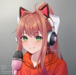  1girl absurdres alternate_costume animal_ear_headphones animal_ears brown_hair cat_ear_headphones collarbone commission doki_doki_literature_club fake_animal_ears gradient_background green_eyes grey_background hair_intakes headphones highres hood hoodie long_hair looking_at_viewer mi_tarou0412 microphone monika_(doki_doki_literature_club) orange_hoodie parted_lips ponytail solo teeth upper_body 