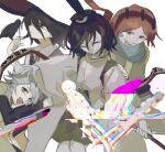 2girls 4others badai bird bird_on_hand black_coat black_hair black_headwear black_sleeves blue_scarf bow bowtie brown_coat chinese_commentary closed_eyes closed_mouth coat collared_coat collared_shirt commentary_request crow detached_sleeves enraku_tsubakura eye_of_senri eye_on_hat figure frown glitch green_hakama green_kimono green_skirt grey_eyes grey_hair hairband hakama hakama_short_skirt hakama_skirt hand_on_another&#039;s_shoulder haru_(len&#039;en) hat hat_ribbon highres holding_rod houlen_yabusame japanese_clothes kariginu kimono layered_sleeves len&#039;en long_sleeves looking_at_another multiple_girls multiple_others ofuda open_mouth orange_eyes orange_hair other_focus outstretched_arms parted_lips red_bow red_bowtie red_hairband red_headwear red_ribbon ribbon scarf senri_tsurubami shirt shitodo_hoojiro short_hair short_hair_with_long_locks skirt sleeveless sleeveless_coat smile two-sided_fabric two-sided_headwear upper_body white_background white_shirt white_sleeves wide_brim wide_sleeves yellow_sleeves zuifeng_tenkai 