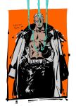  1boy belt black_pants cigar coat commentary dated epaulettes highres holding holding_cigar kotteri looking_to_the_side muscular one_piece orange_background pants scar scar_on_face short_hair smoke smoker_(one_piece) solo symbol-only_commentary torso 