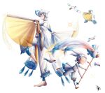  1boy 1girl abs absurdres ahoge barefoot blue_hair bow child creature_and_personification earrings endifi father_and_daughter hair_bow hand_fan highres holding holding_fan holding_staff jewelry multicolored_hair multiple_boys pelipper personification pokemon running short_hair socks staff standing standing_on_one_leg two-tone_hair white_background white_hair white_socks wingull 