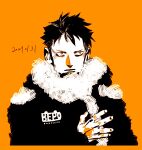  1boy black_hair coat commentary dated hand_tattoo highres kotteri looking_to_the_side male_focus one_piece orange_background orange_eyes short_hair sideburns simple_background solo spiky_hair tattoo trafalgar_law upper_body 