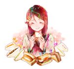  1girl birthday bow bowtie commentary_request confetti eating food grey_sailor_collar happy_birthday holding holding_food long_hair love_live! love_live!_sunshine!! pearl_hair_ornament red_bow red_bowtie redhead sailor_collar sakurauchi_riko sandwich school_uniform shirt smile toto_(sa-dosama) uranohoshi_school_uniform white_background white_shirt 