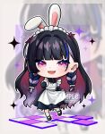  1girl absurdres animal_ears apron black_dress black_footwear black_hair chibi colored_inner_hair dress ear_piercing ebi_(neko2112) highres long_dress long_hair meloco_kyoran multicolored_hair nijisanji nijisanji_en open_mouth piercing purple_hair rabbit_ears redhead smile socks solo streaked_hair virtual_youtuber white_apron white_socks 