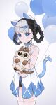  1girl absurdres animal_ears balloon bambinata_(punishing:_gray_raven) black_hair black_leotard blue_dress blue_eyes blue_tail braid brown_cat cat cat_ears cat_tail commentary_request doll_joints dress fake_animal_ears fake_tail freckles hair_ornament heart heart-shaped_pupils heart_hair_ornament highres joints leotard mechanical_arms mechanical_legs multicolored_hair punishing:_gray_raven ribbon short_dress solo symbol-shaped_pupils tail tail_ornament tail_ribbon ting_zhi_yue twin_braids two-tone_hair white_dress white_hair white_ribbon 