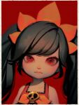  1girl alternate_costume artist_name ashley_(warioware) bare_shoulders bellhenge black_hair border bow bowtie child closed_mouth commentary english_commentary expressionless eyelashes headdress lace-trimmed_swimsuit lace_trim light_blush long_hair looking_at_viewer one-piece_swimsuit orange_bow orange_bowtie orange_headwear red_background red_eyes red_one-piece_swimsuit skull_belt solo straight-on swimsuit twintails upper_body warioware white_border 