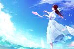  1girl blue_sky clouds commentary_request dress dress_ribbon floating_hair flying_paper hair_ornament highres instrument long_hair love_live! love_live!_sunshine!! music paper pink_bracelet playing_instrument redhead revision ribbon sakurauchi_riko scenery sheet_music sky toto_(sa-dosama) wading white_dress white_ribbon 