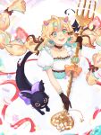  1girl absurdres ahoge am_(maple27) aqua_eyes black_cat black_gloves blonde_hair blue_hair cat dress gloves highres holding holding_staff long_dress long_hair low_twintails lucie_(millie_parfait) millie_parfait multicolored_hair nijisanji nijisanji_en open_mouth smile solo staff streaked_hair twintails very_long_hair virtual_youtuber white_dress 