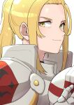  1girl armor blonde_hair closed_mouth fcgc_(friedalwaysgood) fire_emblem fire_emblem_engage high_ponytail highres jade_(fire_emblem) looking_at_viewer sidelocks smile solo upper_body white_background 