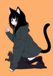  1girl ahoge animal_ear_fluff animal_ears arm_up black_cat black_eyes black_hair black_thighhighs blunt_bangs blush blush_stickers bright_pupils cat cat_ears cat_girl cat_tail emphasis_lines expressionless from_side full_body grey_hoodie highres hood hoodie kneeling looking_at_viewer megateru nose_blush orange_background original oversized_clothes paw_pose solo tail thigh-highs white_pupils 