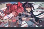  2girls akemi_homura black_hair bow bowtie dethmaid gun handgun highres holding holding_gun holding_weapon kaname_madoka long_hair looking_at_viewer magical_girl mahou_shoujo_madoka_magica multiple_girls pink_bow pink_eyes pink_hair purple_bow purple_bowtie short_hair two_side_up very_long_hair violet_eyes weapon 