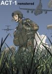  airborne aircraft c-130_hercules camouflage camouflage_pants english_text etmc1992 gloves grass headset helmet highres load_bearing_vest military military_vehicle original pants parachute sky tactical_clothes transport_plane 