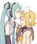  2girls aqua_hair aqua_necktie arm_warmers bare_shoulders black_sleeves blonde_hair blush bow commentary detached_sleeves from_side grey_sailor_collar grey_shirt grey_sleeves hair_bow hair_ornament hairclip hand_on_another&#039;s_head hand_up hatsune_miku headphones highres kagamine_rin kiss kissing_forehead long_hair m0ti multiple_girls neckerchief necktie orange_neckerchief sailor_collar shirt short_hair shoulder_tattoo sleeveless sleeveless_shirt smile swept_bangs tattoo twintails upper_body very_long_hair vocaloid wavy_mouth white_background white_bow white_shirt yuri 