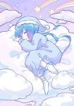  1girl alternate_costume aoki_lapis blue_hair blue_nightgown closed_eyes commentary_request empire_waist full_body fur-trimmed_headwear fur_trim gradient_hair hat highres long_hair long_sleeves low_twintails lying lying_on_cloud multicolored_hair nightcap nightgown on_side parted_lips pom_pom_(clothes) purple_background rainbow shooting_star_(symbol) sleeping socks solo sparkle suzumecha_(yuzensuzu) twintails very_long_hair vocaloid white_socks 