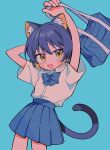  :d animal_ear_fluff animal_ears arm_behind_head arms_up bag blue_background blue_bag blue_bow blue_hair blue_skirt blush bow cat_ears cat_girl cat_tail colored_skin cowboy_shot dark_blue_hair fang highres holding holding_bag leaning_back looking_at_viewer open_mouth original pink_skin pleated_skirt school_uniform shirt shirt_tucked_in skirt smile tail tsurime umipi white_shirt yellow_eyes 