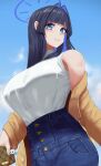  1girl bag black_hair blue_hair blue_halo blue_sky brown_coat clouds coat day denim hair_intakes halo highres holding holding_bag hololive hololive_english jeans long_hair multicolored_hair official_alternate_costume ouro_kronii ouro_kronii_(3rd_costume) outdoors pants reilong sky sleeveless sleeveless_turtleneck solo turtleneck two-tone_hair virtual_youtuber 