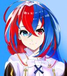  1girl alear_(female)_(fire_emblem) alear_(fire_emblem) blue_background blue_eyes blue_hair closed_mouth fire_emblem fire_emblem_engage glassschicken highres light_smile long_hair looking_at_viewer portrait red_eyes solo 