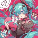  aqua_hair black_choker black_shirt blue_eyes bow box cake choker earrings english_text food frilled_choker frills gift gift_box hair_ribbon hatsune_miku heart heart_earrings highres holding holding_gift holding_heart jewelry kako_(pixiv77158173) long_hair looking_at_viewer multiple_hairpins one_eye_closed open_mouth pink_bow puffy_sleeves ribbon shirt twintails very_long_hair vocaloid white_ribbon 