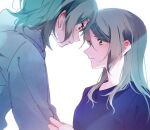  2girls aqua_hair bang_dream! blue_hoodie blue_shirt blush commentary_request cropped green_eyes hikawa_hina hikawa_sayo hood hoodie imminent_kiss incest long_hair looking_at_another medium_hair multiple_girls shirt siblings sisters toto_(sa-dosama) twincest twins white_background yuri 