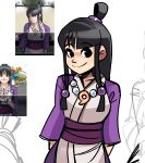  1girl ace_attorney arms_behind_back black_eyes black_hair closed_mouth collarbone derivative_work japanese_clothes jewelry kimono long_hair looking_at_viewer maya_fey necklace peargor ponytail purple_kimono purple_sash sash smile solo standing very_long_hair 