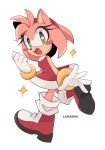  1girl amy_rose bracelet dress eyelashes fang gloves green_eyes hairband highres jewelry looking_at_viewer lunaiinu open_mouth pink_fur red_dress red_footwear red_hairband simple_background sonic_(series) sparkle white_background white_gloves 