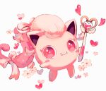  +_+ animal_focus artist_name bow bowtie fangs flower heart highres holding holding_wand long_hair multi-tied_hair no_humans pink_bow pink_bowtie pink_eyes pink_hair pink_theme pokemon pokemon_(creature) scream_tail simple_background smile su_(sajo_su5) wand white_background 