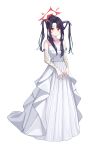  1girl absurdres alternate_costume black_hair black_horns blue_archive blush closed_mouth collarbone demon_horns detached_sleeves dress full_body fuuka_(blue_archive) halo higasino3ldk highres horns long_hair red_eyes red_halo simple_background smile solo white_background white_dress 