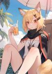  1girl absurdres animal_ear_fluff animal_ear_piercing animal_ears arknights bare_legs black_cloak black_shorts blonde_hair blue_sky cloak clouds commentary_request cropped_shirt cup day drink drinking_straw earrings fox_ears fox_girl fox_tail hair_between_eyes hair_ornament hairclip highres holding holding_cup holding_drink hoop_earrings jewelry knees_up looking_at_viewer notched_ear orange_eyes outdoors palm_tree shirt short_hair short_shorts shorts sitting sky solo tail tree vermeil_(arknights) welt_(kinsei_koutenkyoku) white_shirt 