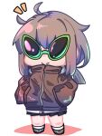  1girl ahoge alien_sunglasses brown_jacket chibi closed_mouth collar cup girls_frontline hands_in_pockets happy hexaa highres holding holding_cup jacket m200_(girls&#039;_frontline) miniskirt pocket ponytail skirt smile solo 