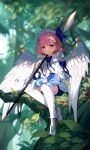  1girl 1other angel_wings bandaid bandaid_on_face blue_ribbon forest hat highres icewind0223 in_tree nature original petting pink_hair red_eyes ribbon sitting sitting_in_tree speak sunlight thigh-highs tree white_thighhighs wings 